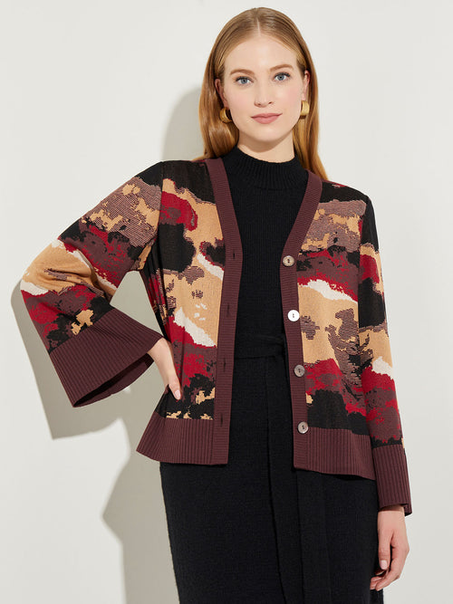Landscape Pattern Button-Front Soft Knit Cardigan, Scarlet Red/Mahogany/Italian Clay/Biscotti/Black | Misook