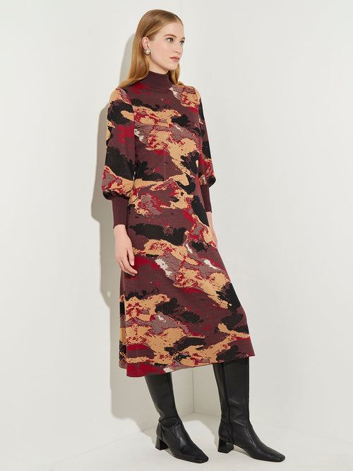 Landscape Pattern Soft Knit Midi Dress, Scarlet Red/Mahogany/Italian Clay/Biscotti/Black | Misook