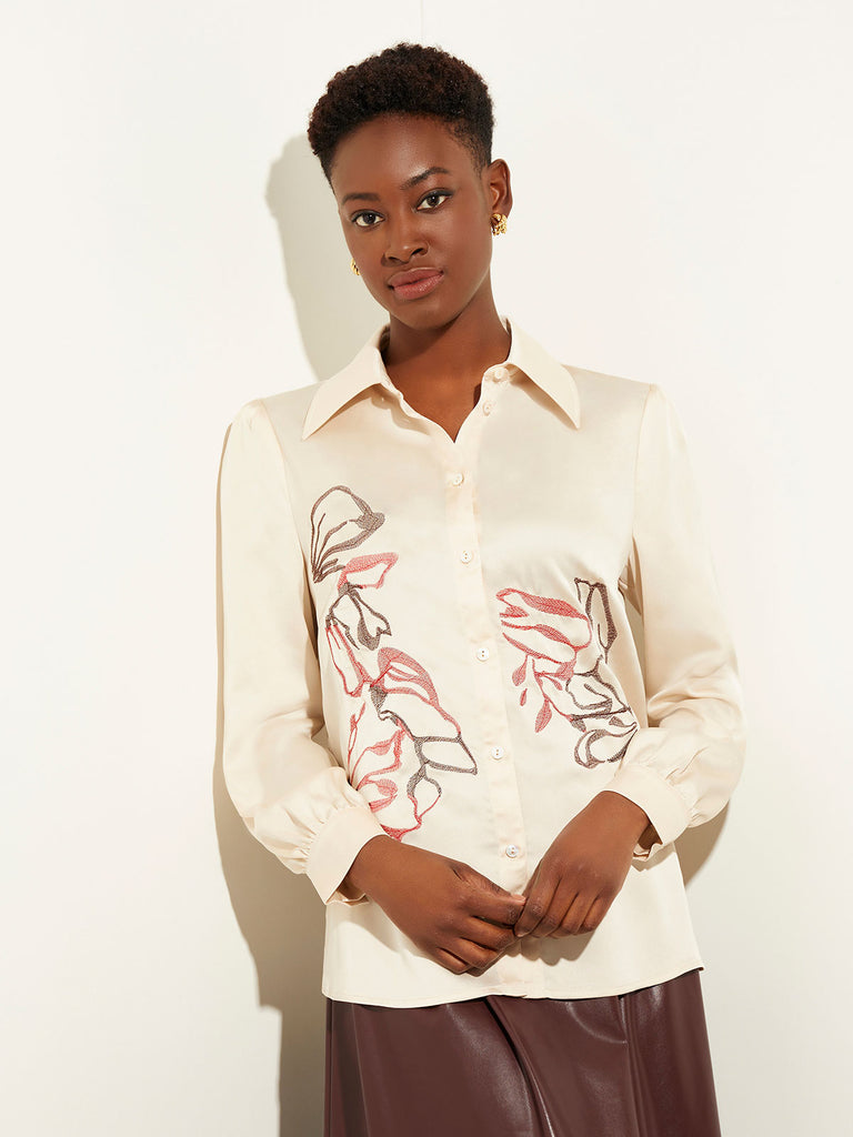 Floral Embroidered Crepe de Chine Blouse, Biscotti/Scarlet Red/Mahogany | Misook