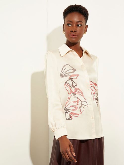 Floral Embroidered Crepe de Chine Blouse, Biscotti/Scarlet Red/Mahogany | Misook