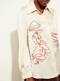 Floral Embroidered Crepe de Chine Blouse, Biscotti/Scarlet Red/Mahogany | Misook