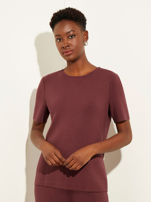 Crew Neck Soft Recycled Knit Tee, Mahogany Brown, Mahogany | Misook