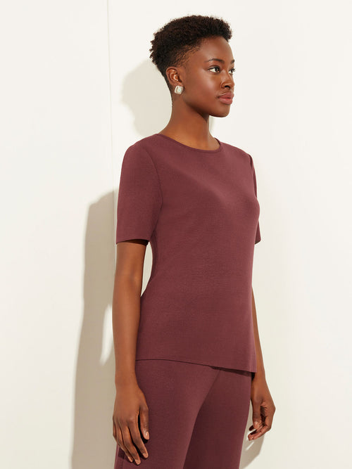 Crew Neck Soft Recycled Knit Tee, Mahogany Brown, Mahogany | Misook