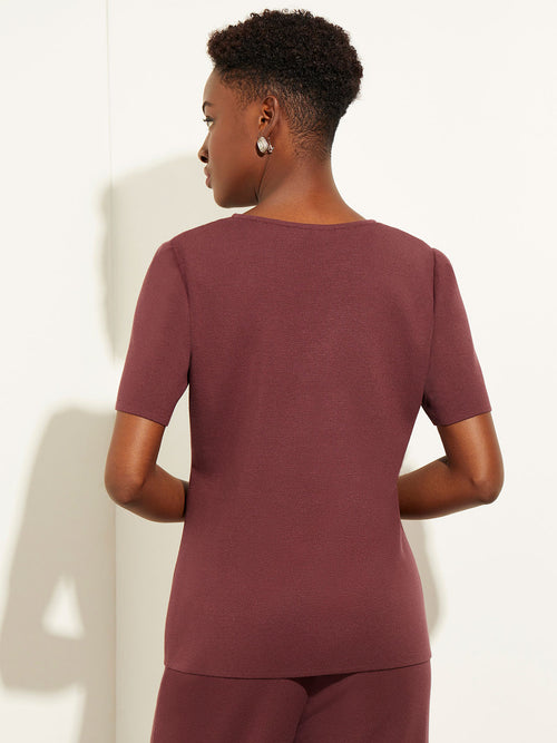 Crew Neck Soft Recycled Knit Tee, Mahogany Brown, Mahogany | Misook