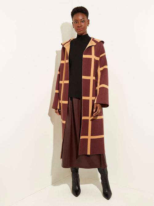 Reversible Windowpane Knit Coat, Italian Clay/Mahogany | Misook