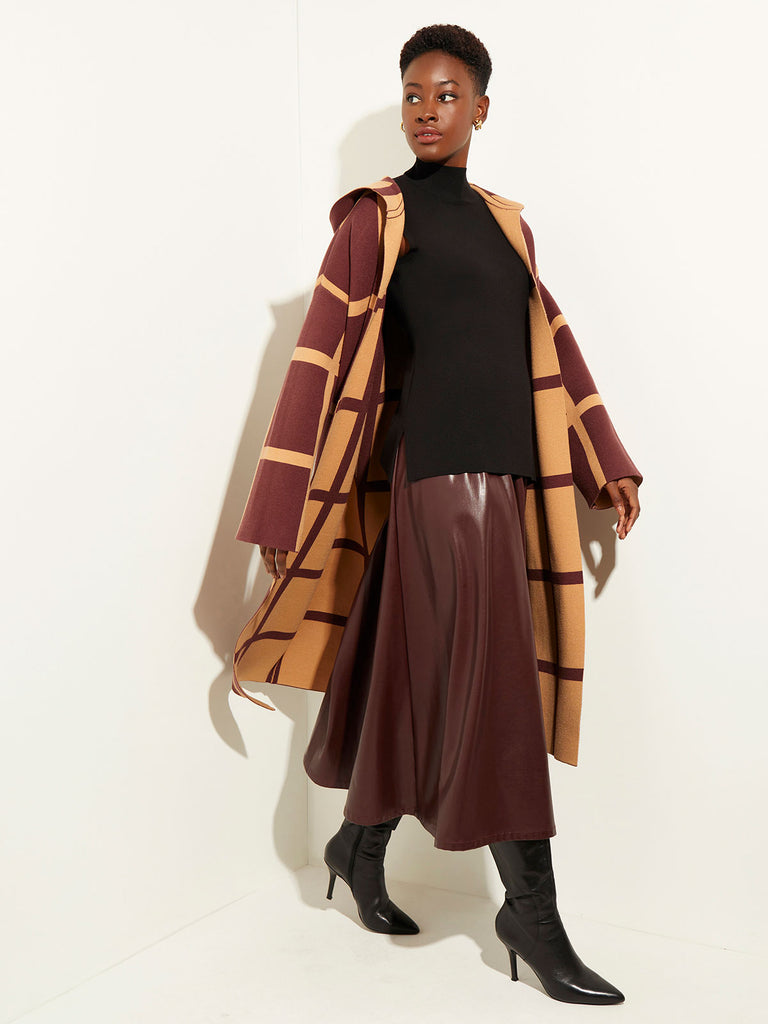 Reversible Windowpane Knit Coat, Italian Clay/Mahogany | Misook
