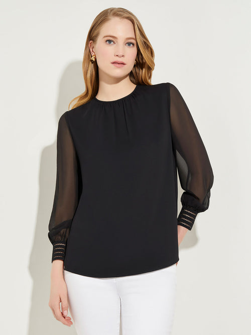 Sheer Chiffon Sleeve Crepe de Chine Blouse, Black | Misook