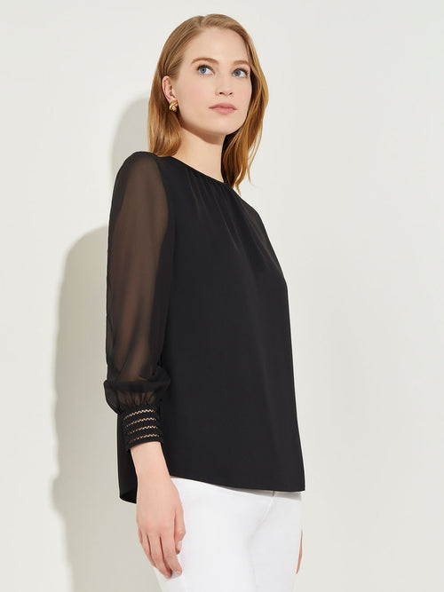 Sheer Chiffon Sleeve Crepe de Chine Blouse, Black | Misook Premium Details