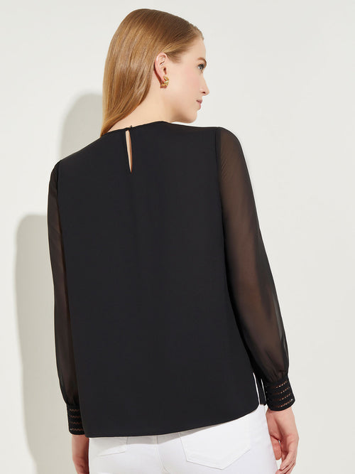 Sheer Chiffon Sleeve Crepe de Chine Blouse, Black | Misook