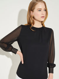 Sheer Chiffon Sleeve Crepe de Chine Blouse, Black | Misook