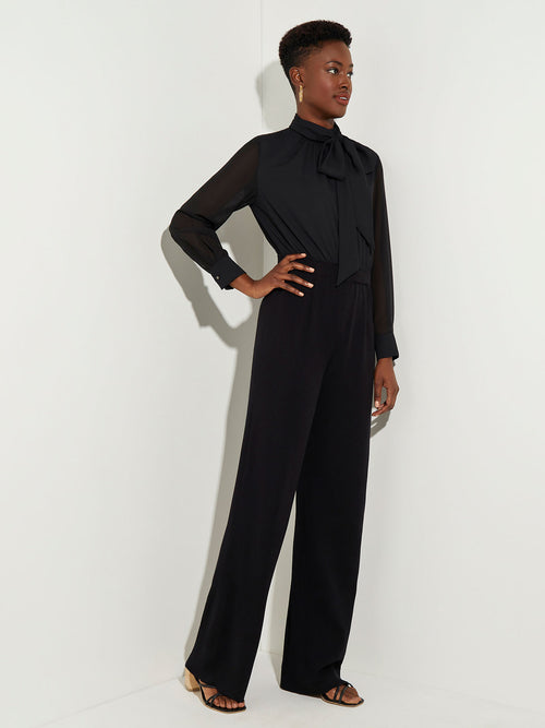 Tie-Neck Mixed Media Jumpsuit, Black | Misook
