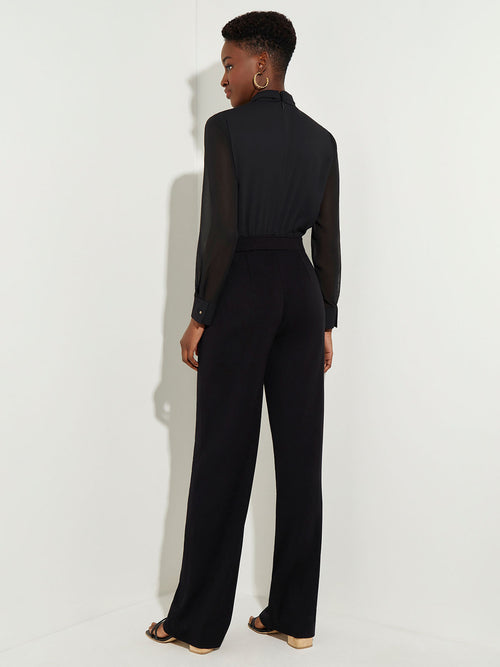 Tie-Neck Mixed Media Jumpsuit, Black | Misook