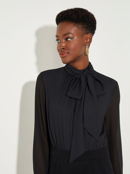 Tie-Neck Mixed Media Jumpsuit, Black | Misook