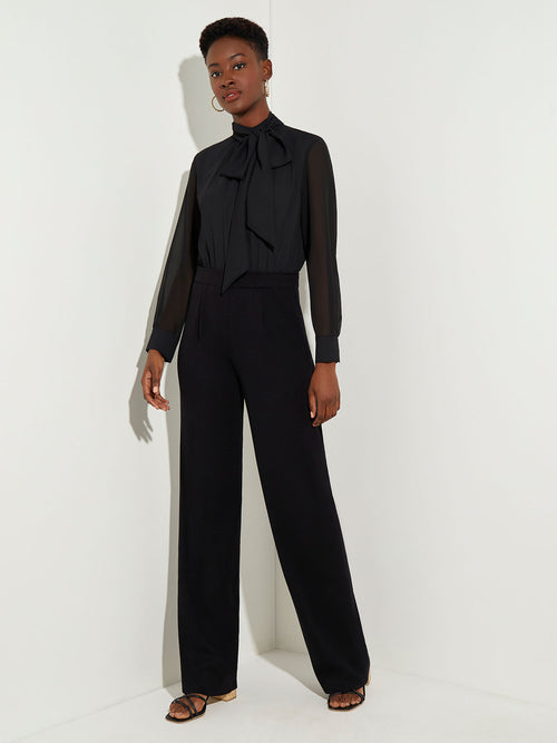 Tie-Neck Mixed Media Jumpsuit, Black | Misook