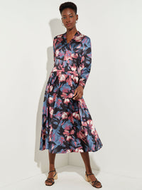 Midnight Floral Crepe de Chine Midi Dress, Rapture Rose/Slate Grey/Vintage Blue/Pale Pink/Black/New Ivory | Misook