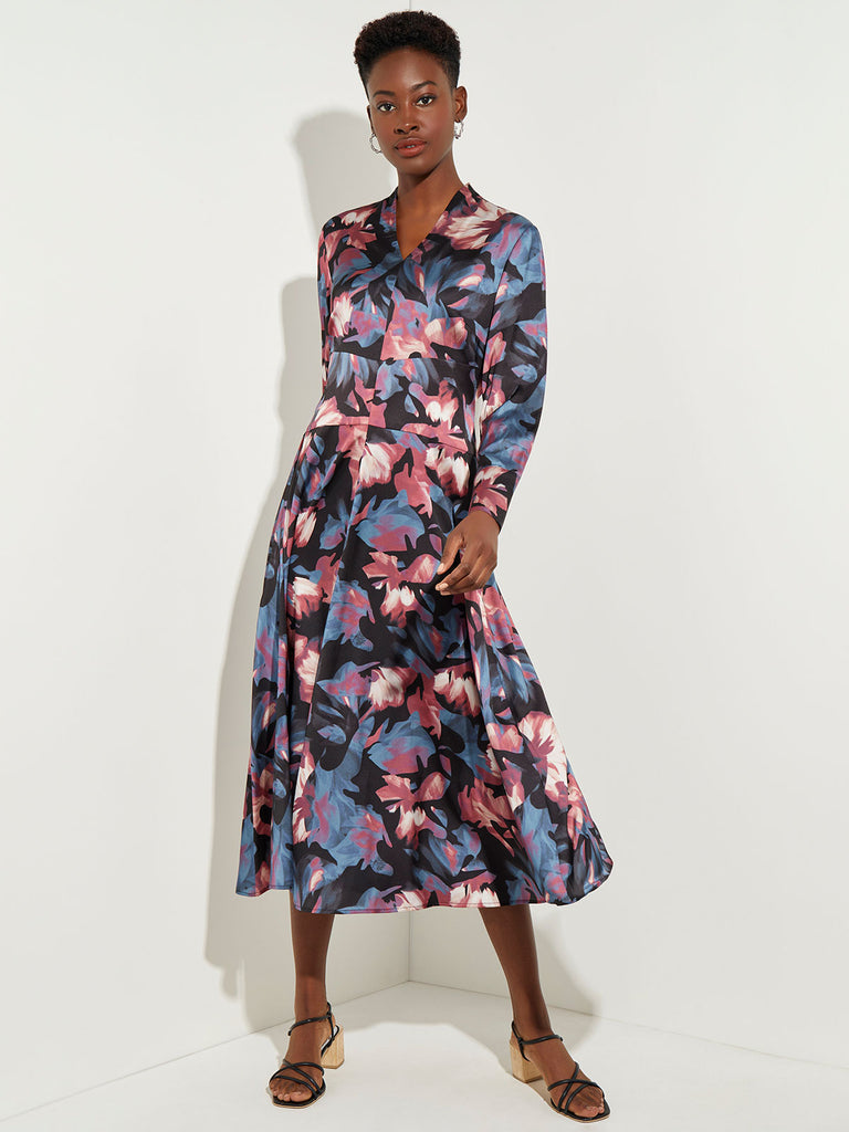 Midnight Floral Crepe de Chine Midi Dress, Rapture Rose/Slate Grey/Vintage Blue/Pale Pink/Black/New Ivory | Misook