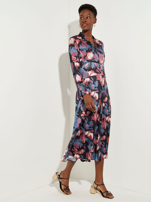 Midnight Floral Crepe de Chine Midi Dress, Rapture Rose/Slate Grey/Vintage Blue/Pale Pink/Black/New Ivory | Misook