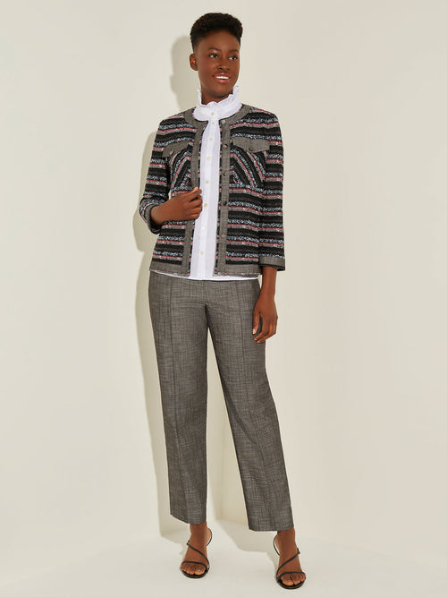 Chambray Trim Striped Tweed Knit Jacket, Rapture Rose/Slate Grey/Vintage Blue/Pale Pink/Black | Misook