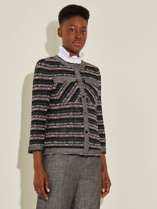 Chambray Trim Striped Tweed Knit Jacket, Rapture Rose/Slate Grey/Vintage Blue/Pale Pink/Black | Misook