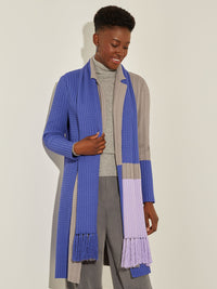 Colorblock Recycled Cable Knit Jacket & Scarf, Storm/Mink/Wisteria | Misook