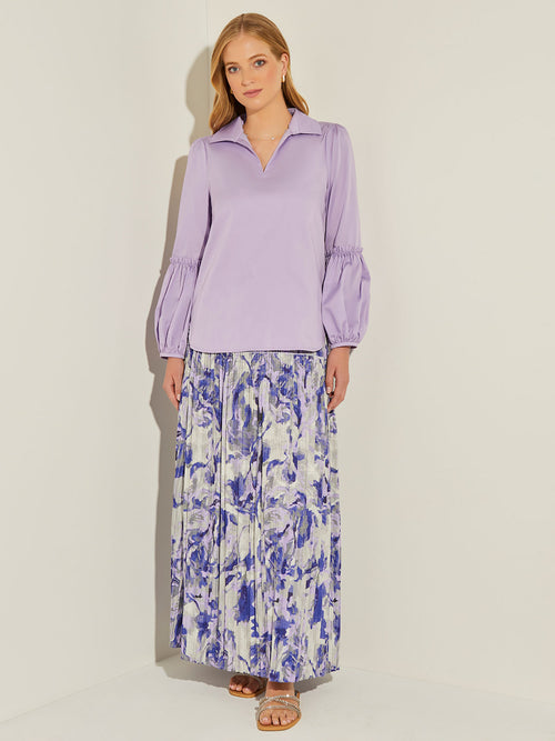 Gathered Puff Sleeve Cotton Poplin Blouse, Wisteria, Wisteria | Misook