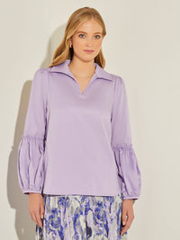 Gathered Puff Sleeve Cotton Poplin Blouse, Wisteria, Wisteria | Misook