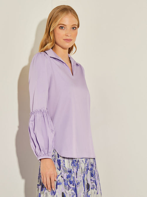 Gathered Puff Sleeve Cotton Poplin Blouse, Wisteria, Wisteria | Misook