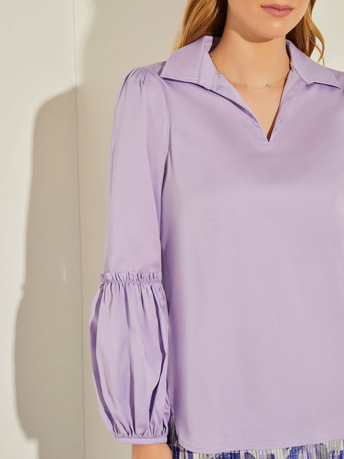Gathered Puff Sleeve Cotton Poplin Blouse, Wisteria, Wisteria | Misook