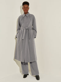Pleated Neckline Belted Twill Trench Coat, Mink | Misook