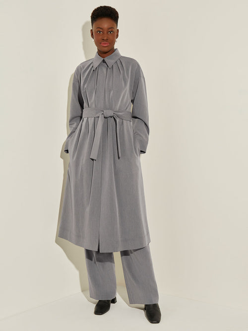 Pleated Neckline Belted Twill Trench Coat, Mink | Misook