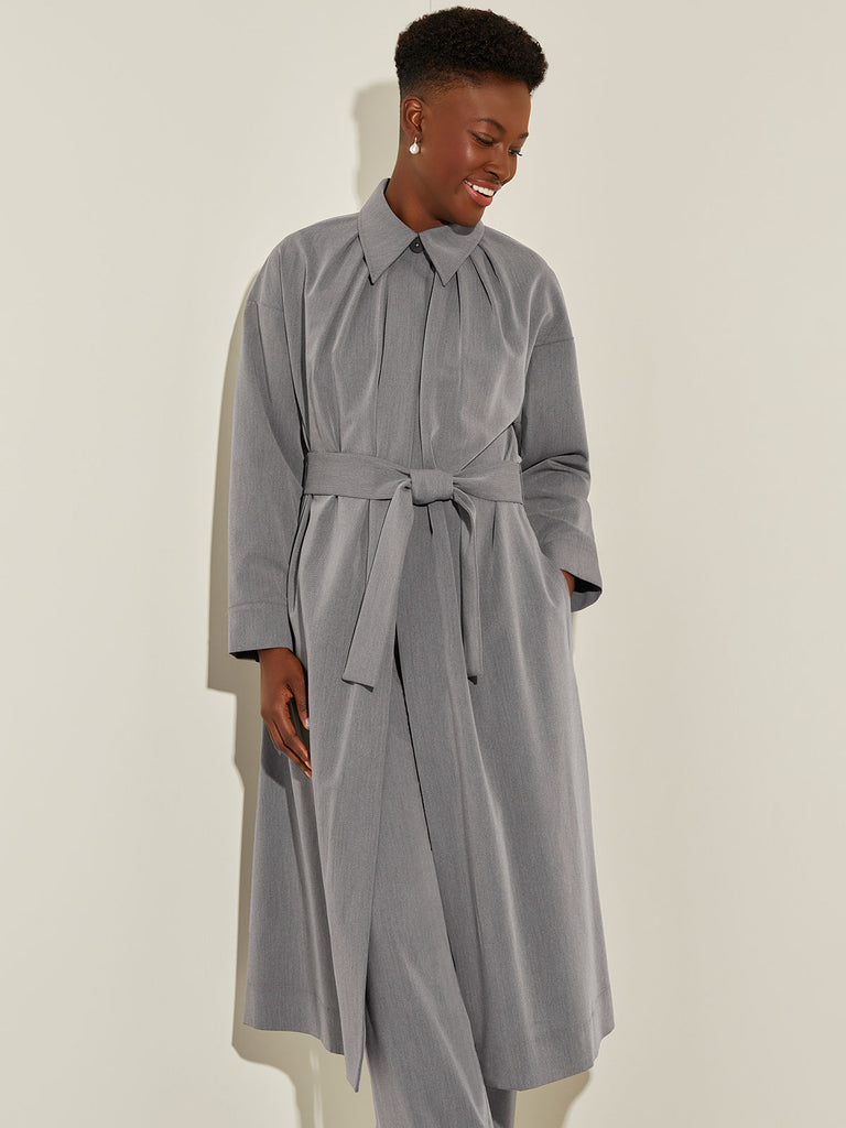 Pleated Neckline Belted Twill Trench Coat, Mink | Misook