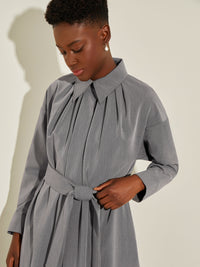 Pleated Neckline Belted Twill Trench Coat, Mink | Misook