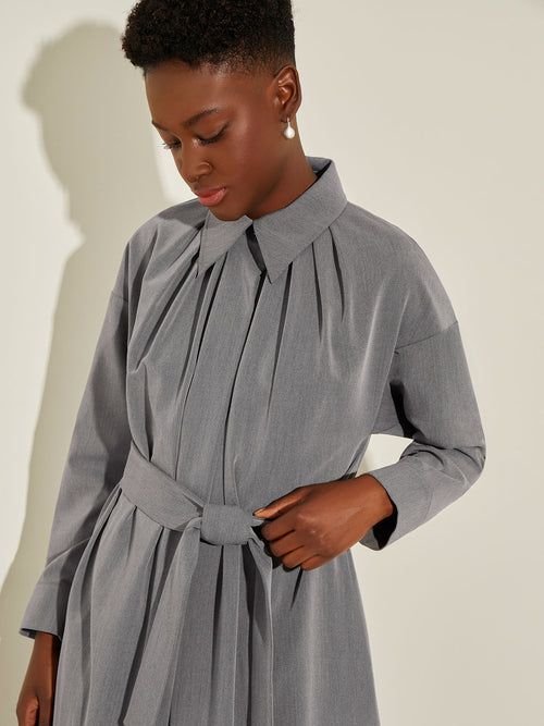 Pleated Neckline Belted Twill Trench Coat, Mink | Misook