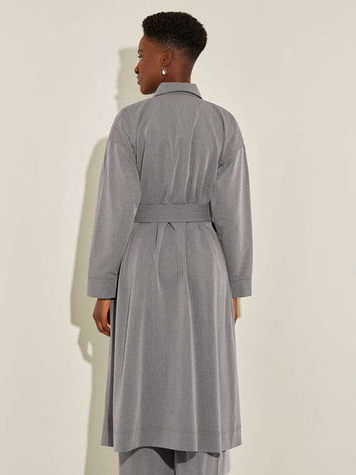 Pleated Neckline Belted Twill Trench Coat, Mink | Misook