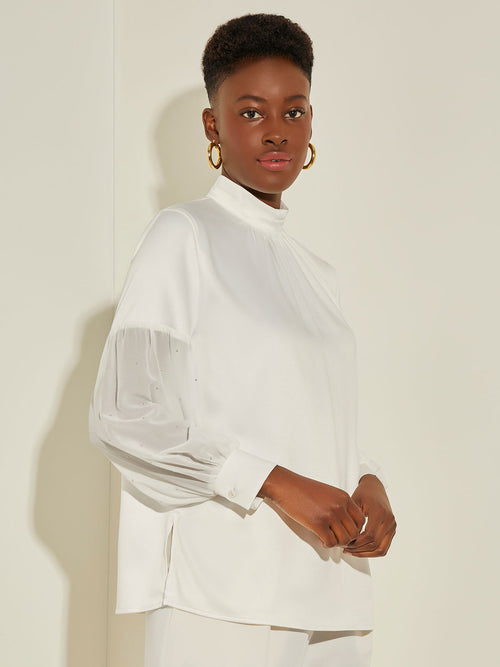 Sheer Crystal-Studded Balloon Sleeve Chiffon Blouse, White | Misook