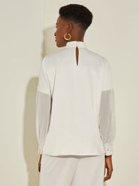 Sheer Crystal-Studded Balloon Sleeve Chiffon Blouse, White | Misook