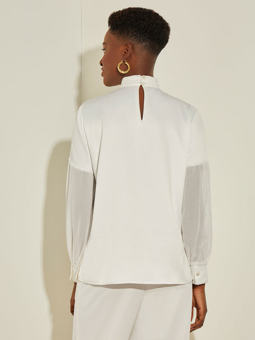 Sheer Crystal-Studded Balloon Sleeve Chiffon Blouse, White | Misook