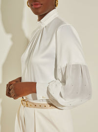 Sheer Crystal-Studded Balloon Sleeve Chiffon Blouse, White | Misook