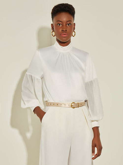 Sheer Crystal-Studded Balloon Sleeve Chiffon Blouse, White | Misook