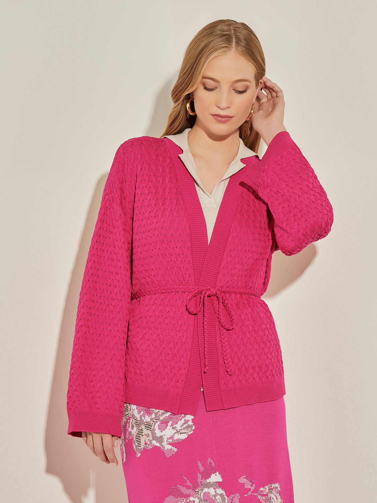 Belted Cardigan Pink Knit Cardigan Misook