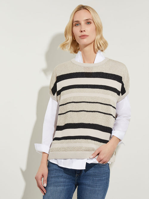 Mixed Stripe Sheer Knit Tunic, Almond Beige/Black | Misook