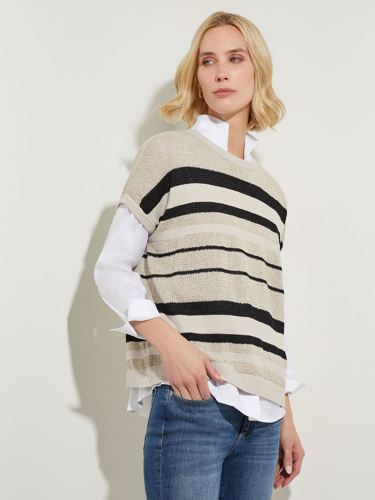Mixed Stripe Sheer Knit Tunic, Almond Beige/Black | Misook