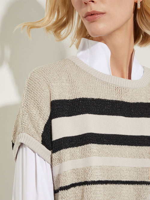 Mixed Stripe Sheer Knit Tunic, Almond Beige/Black | Misook Premium Details