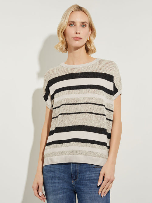 Mixed Stripe Sheer Knit Tunic, Almond Beige/Black | Misook