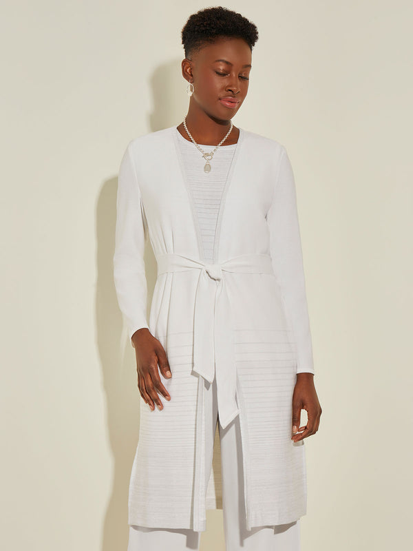 Ombre Shimmer Stripe Knit Belted Cardigan, White | Misook