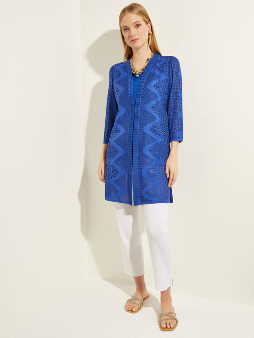 Burnout Pattern Long Knit Jacket, Satin Sky | Misook