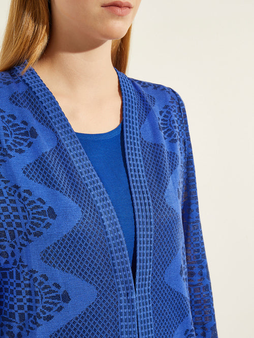 Burnout Pattern Long Knit Jacket, Satin Sky | Misook Premium Details