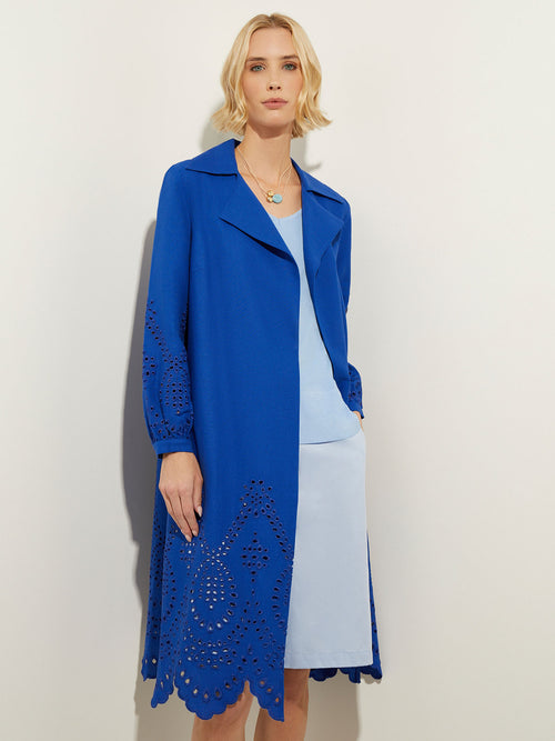 Eyelet Trim Belted Cotton Blend Jacket, Satin Sky | Misook