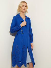 Eyelet Trim Belted Cotton Blend Jacket, Satin Sky | Misook