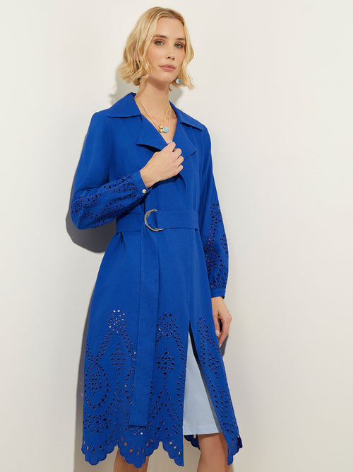 Eyelet Trim Belted Cotton Blend Jacket, Satin Sky | Misook